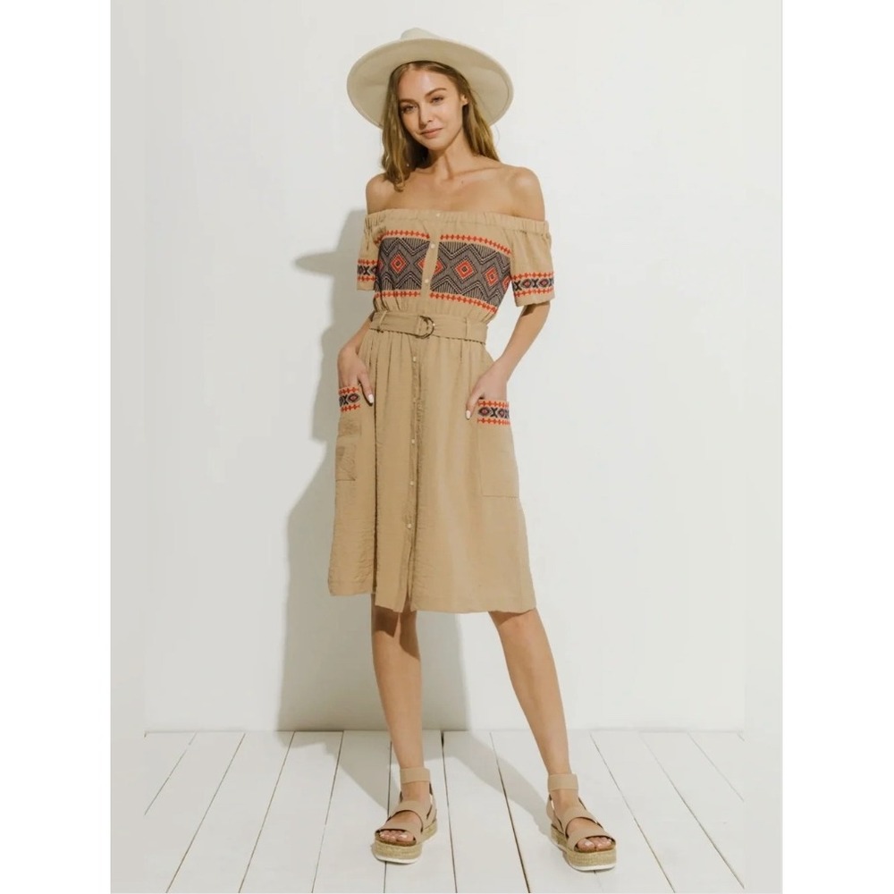 Endless Rose Off Shoulder Embroidered Midi Dress Beige Boho Belted M NWT